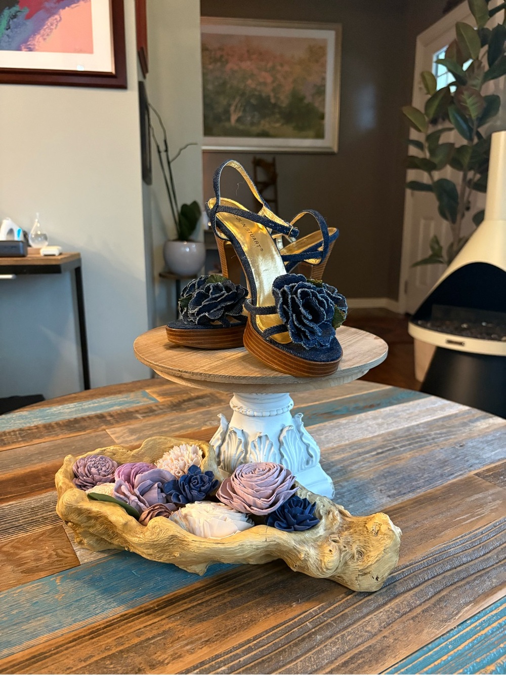 Colin Stuart Y2K Denim Rose Platform Heels Size 6.5